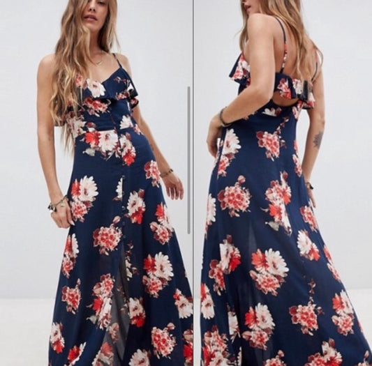Button front floral boho maxi dress