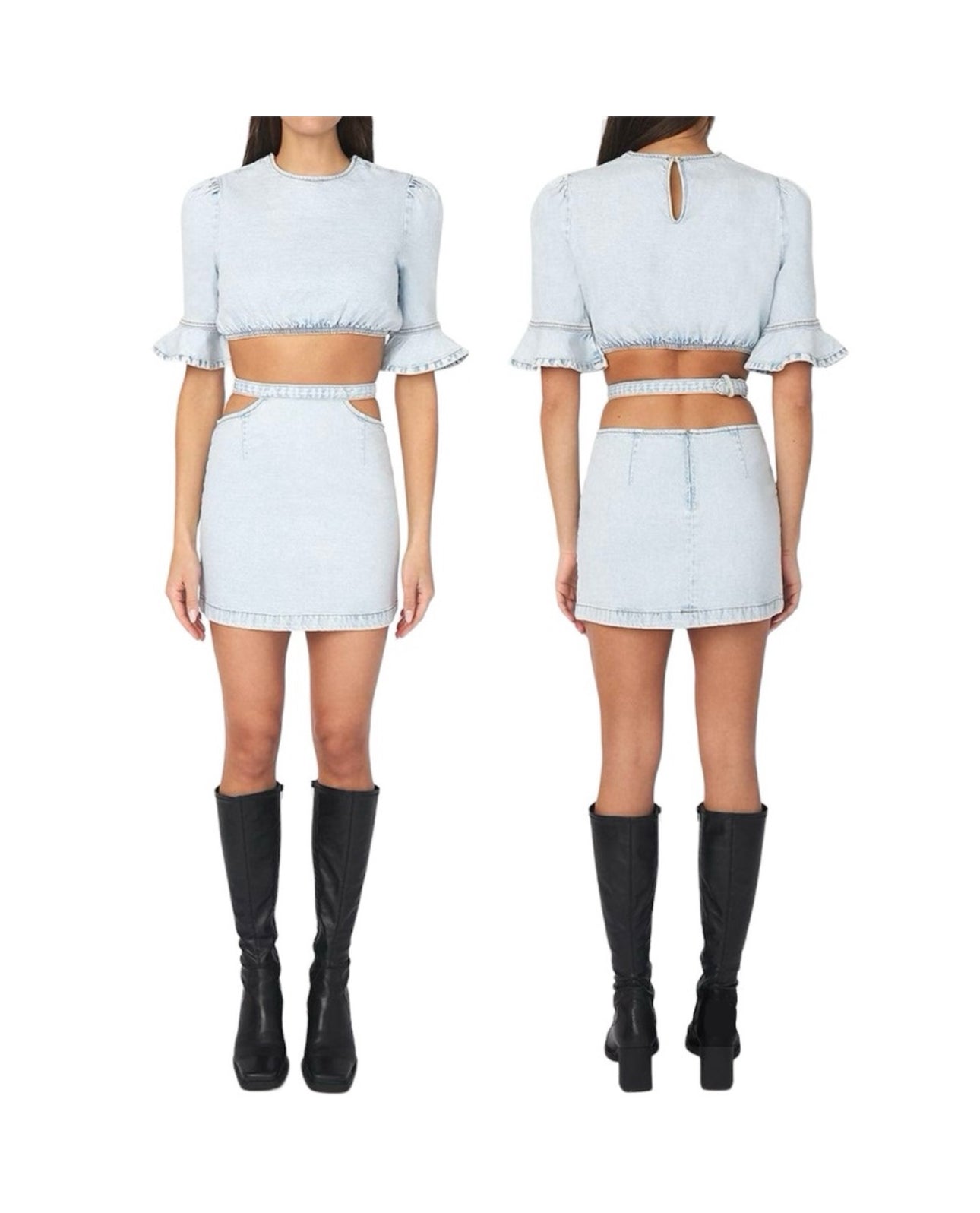 Cropped denim top & cut out skirt