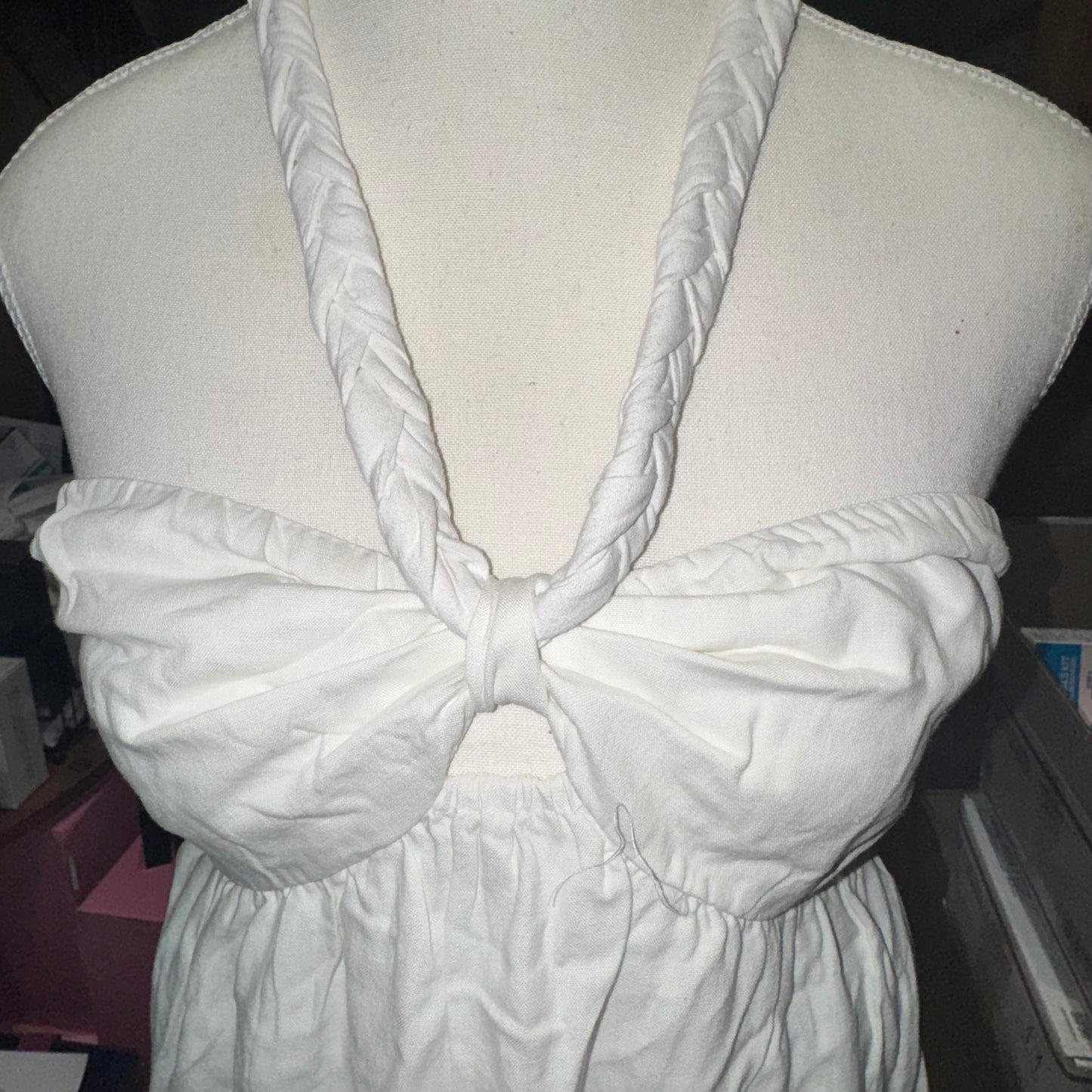 Linen blend braided halter dress