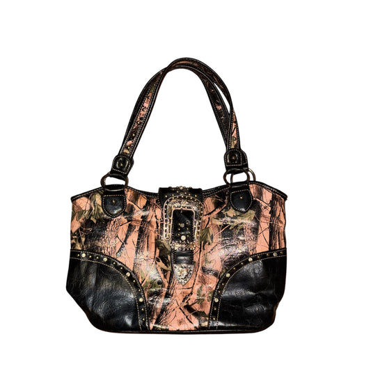 Pink camo studded & rhinestone shoulder bag