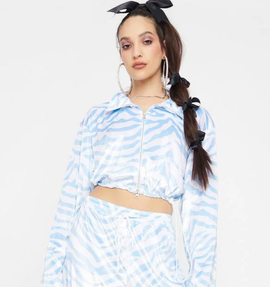 Icy zebra zip up crop top