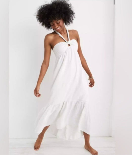 Linen blend braided halter dress