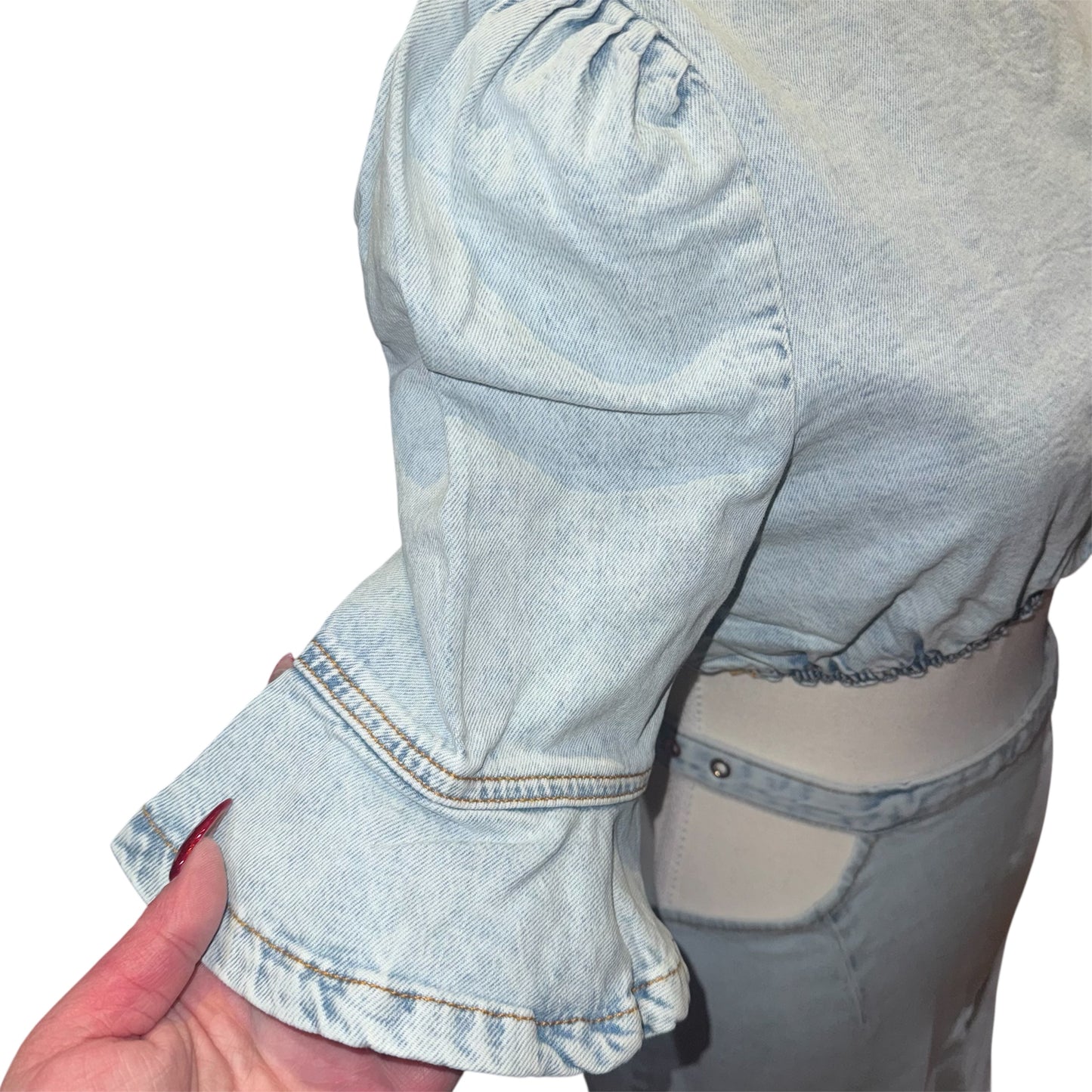 Cropped denim top & cut out skirt
